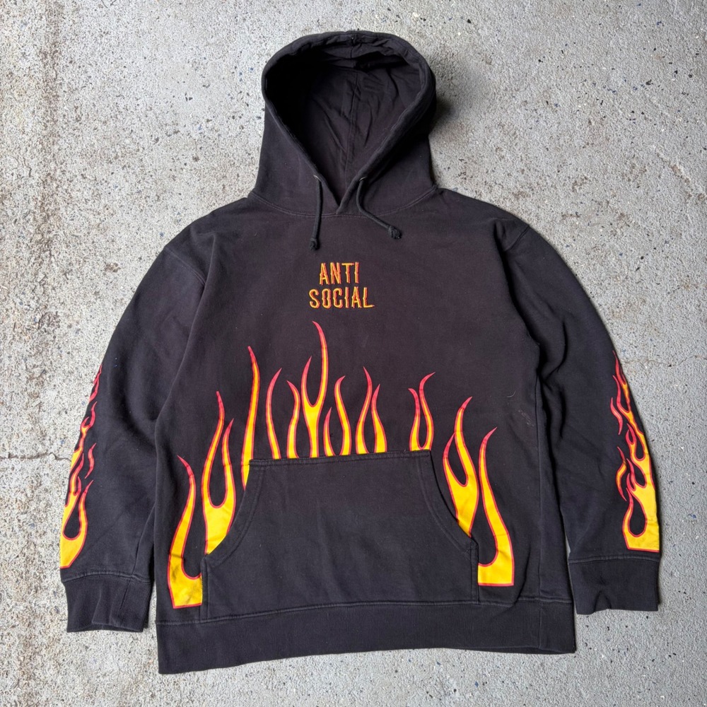 Y2K Mens Anti Social Flame Graphic Hoodie Black Fire Print Sweatshirt Large